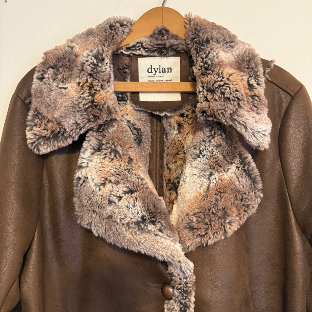 Dylan Faux Leather Faux Fur Coat Brown Gray Women’s Large Retro Feel